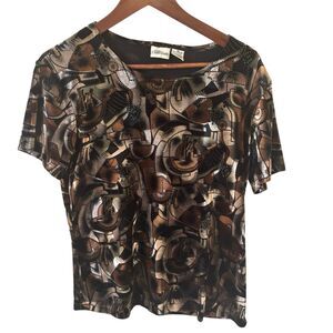Vintage Womens Top Size Medium Metallic Gold Black Abstract Art Deco Party Glam